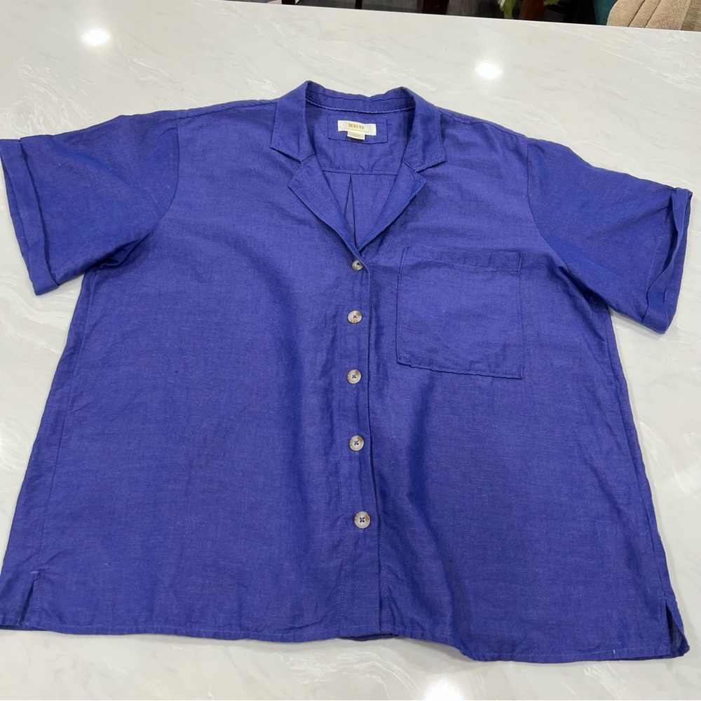 Maeve Anthropologie Linen Blend Blue Button Down Shirt Size Large Coastal Fresh